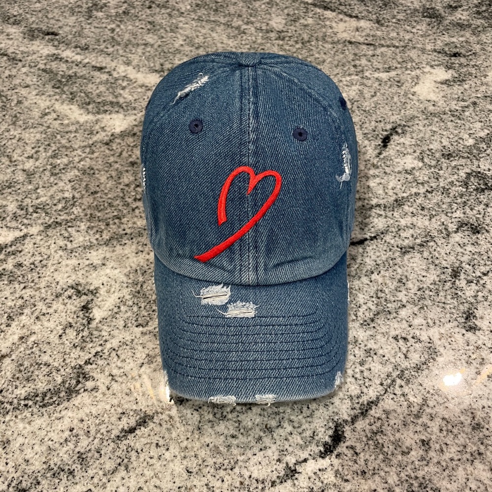New Custom Designed Blue Distressed Baseball Cap w/ Open Red Heart, Adjustable